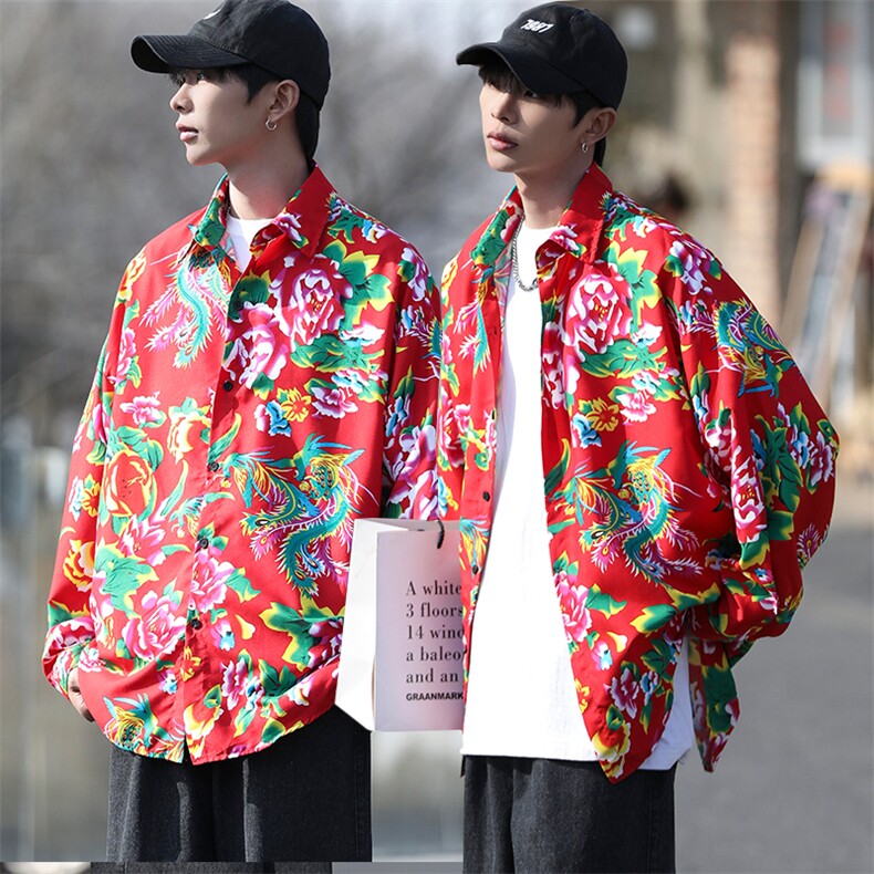 C203秋长袖男士宽松东北大花港风衬衣外套民族特色表演出新中式潮，男装民族服装，星座115A(原星座507）