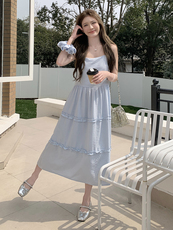 韩式海边度假蓝色吊带裙女2025年夏季新款百搭洋气休闲茶歇长裙潮，女装连衣裙，蝶眷
