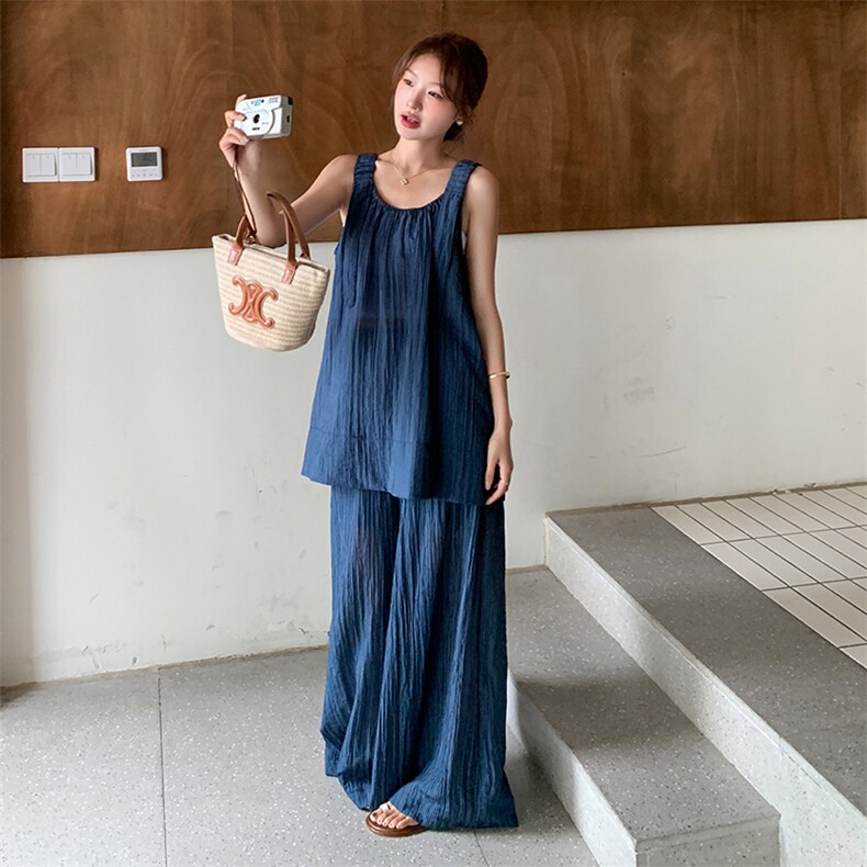 慵懒风宽松吊带上衣拖地阔腿裤套装女2025夏季新款简约休闲两件套,女装套装/套裙,浙宝305
