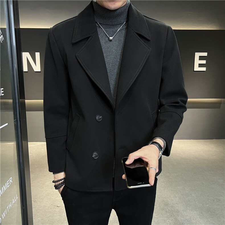 2023春季翻领毛呢风衣男士短款修身衣潮流休闲呢子外套,男装风衣,电商B248