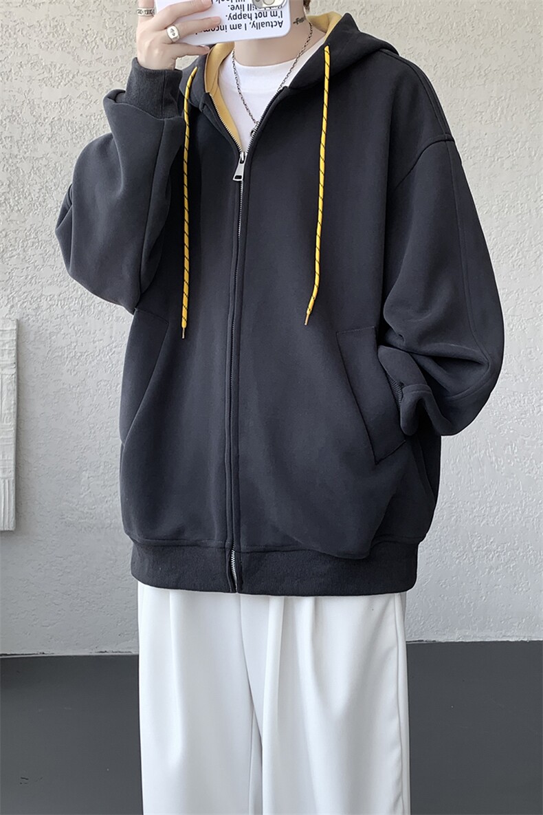 8XL-M秋连帽卫衣男宽松休闲纯色拉链开衫外套拼色帽衫运动WY27P65,女装短外套,电商D206-1