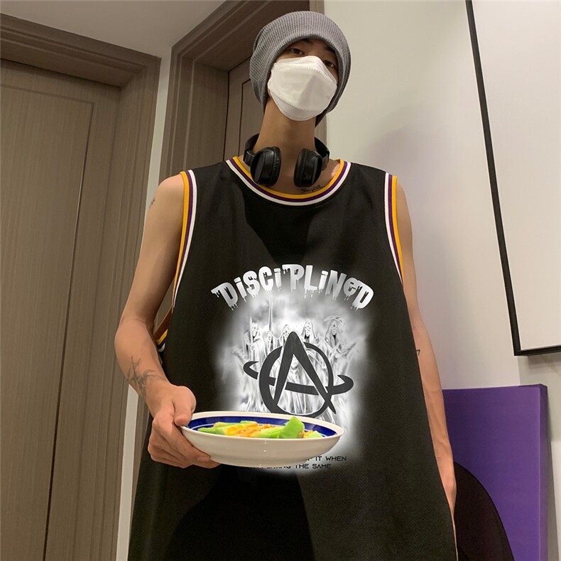 港风纯棉夏季休闲拼色螺纹印花网眼篮球背心男女T6930P35控48，男装背心/马甲，电商A268A