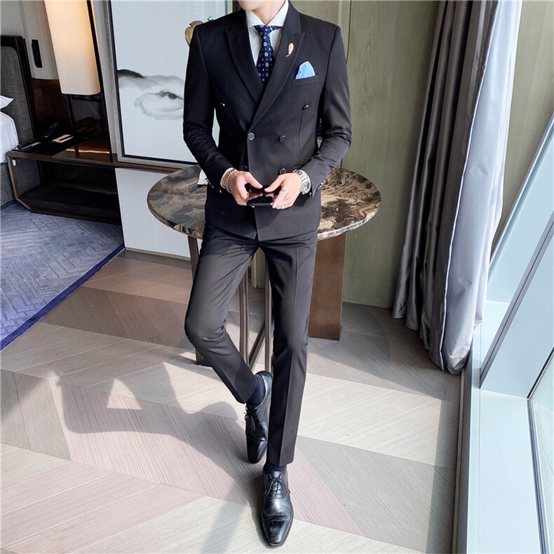 休闲西服套装男士三件套韩版修身新郎结婚礼服潮英伦双排扣小西装,男装西服套装,星座505-2（原电商A260-1)
