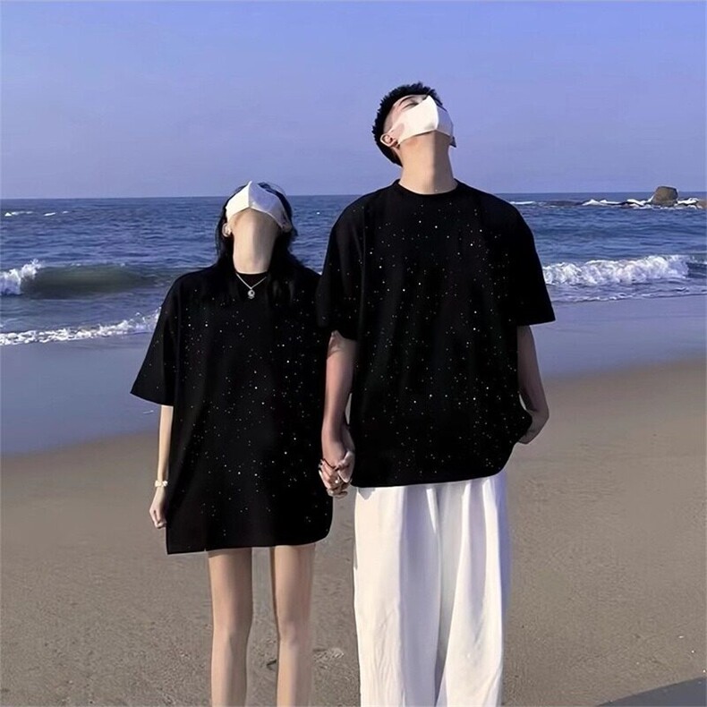 黑色满天星t恤男夏季情侣短袖上衣美式潮牌宽松纯棉高级感体恤衫,男装T恤,星座506A