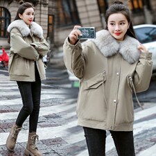 棉衣/棉服2021新款冬仿羊羔毛中长款工装棉服女海军领派克服配毛领，女装派克服，瑶迪依秀