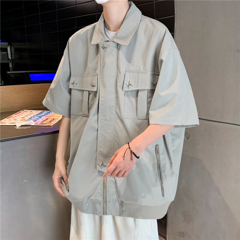 禁欲系古巴领衬衫男复古休闲宽松垂感长袖肌理感坑条衬衣,男装衬衫,星座716-3