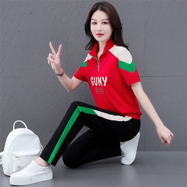 燕颉立领运动服短袖套装女2023年夏季新款跑步服时尚休闲服两件套,女装套装/套裙,燕颉服饰