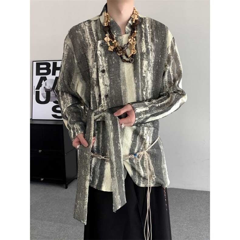 日系复古扎染新中式衬衫设计感飘带长袖衬衣男女衬衣山本耀司,男装衬衫,星座909