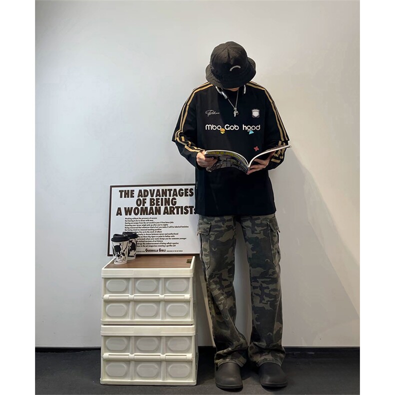 抖音得物式高街重磅结构织带假两件双纱纯棉印花长袖T恤AW10302,男装T恤,电商A443