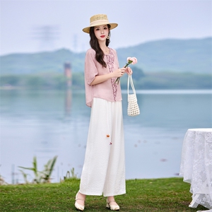 时尚洋气刺绣苎麻套装女2026夏季新款宽松遮肉显瘦阔腿裤两件套图片