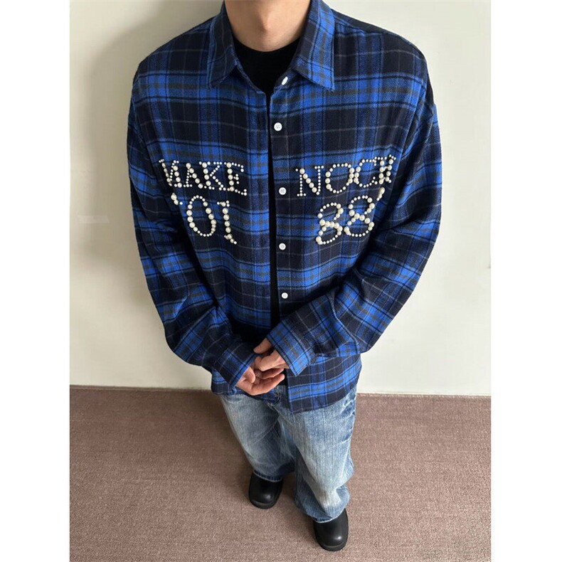 网图有货美式复古珍珠字母格纹衬衫长袖开衫情侣外套，男装衬衫，星座410-7
