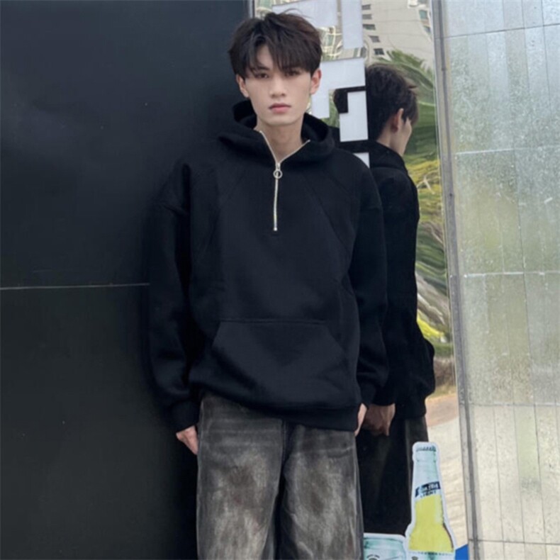 抖音得物二开美式重磅宽松结构拉链设计防风高领连帽卫衣外套W76,男装卫衣,电商A486-1