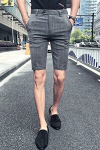 2021英伦潮潮男韩版修身夜店发型师商务休闲格子条纹短裤P50图片
