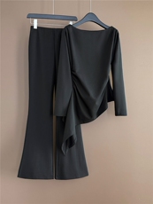 时尚气质套装女春季新款修身显瘦圆领不规则长袖上衣微喇裤两件套，女装套装/套裙，江南