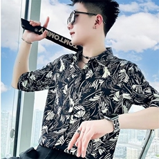 夏季薄款男五分袖个性衬衫短袖休闲痞帅花衬衣男装百搭半袖寸衫潮，男装T恤，电商B212（原钱塘6029）