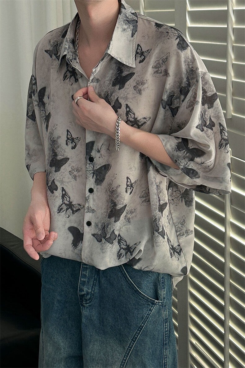 夏季现货印花短袖衬衣男潮牌冰丝花衬衫A351-AC25603-p48控89,男装T恤,电商A351