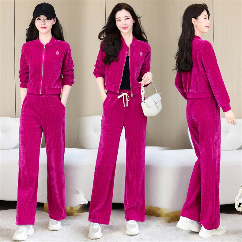 时尚休闲运动两件套棒球服女款宽松显瘦长袖外套+阔腿裤套装,女装套装/套裙,依路服饰