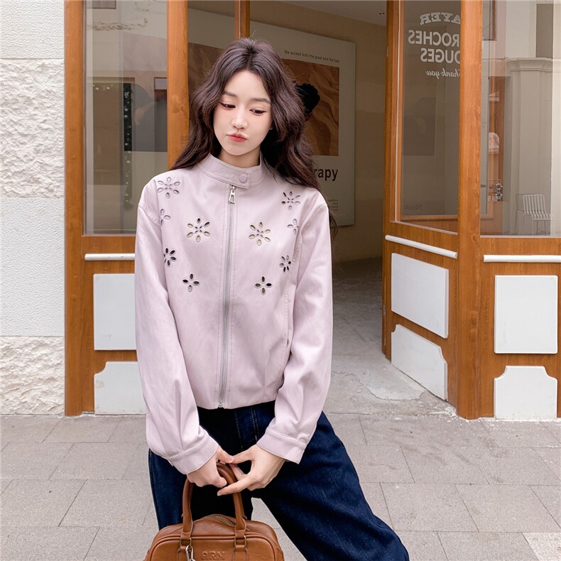 【】香芋粉刺绣烧花皮衣短外套2C057-917-P175-K288,女装短外套,2C057