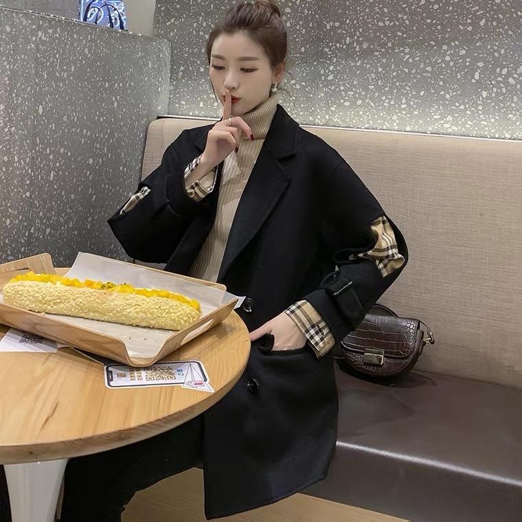 2021秋季新款韩版时尚潮流袖拼接格四粒扣双口袋百分百羊毛,女装其它,L·H·X
