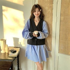 秋款现货！蓝色条纹马甲假两件连衣裙B208-9008-P145K208，女装连衣裙，浙宝208