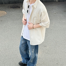 2025夏条纹休闲衬衫男宽松短袖衬衣韩版潮流翻领上衣925P45，男装衬衫，星座710