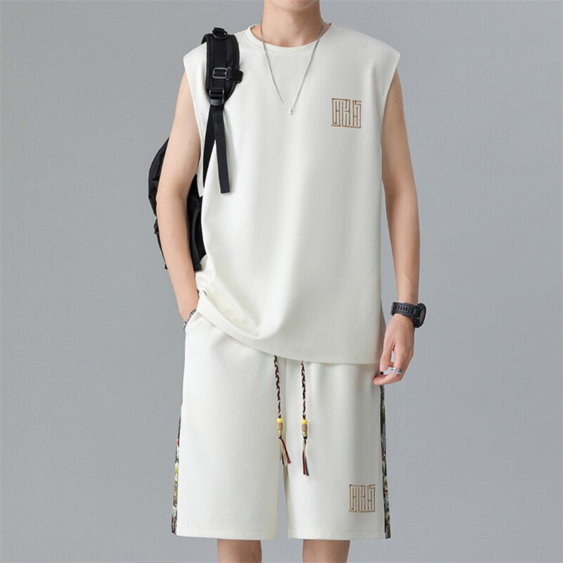 刺绣休闲运动套装男装无袖T恤两件套夏季薄款背心A266-TZ1107-P43,男装休闲套装,电商A266