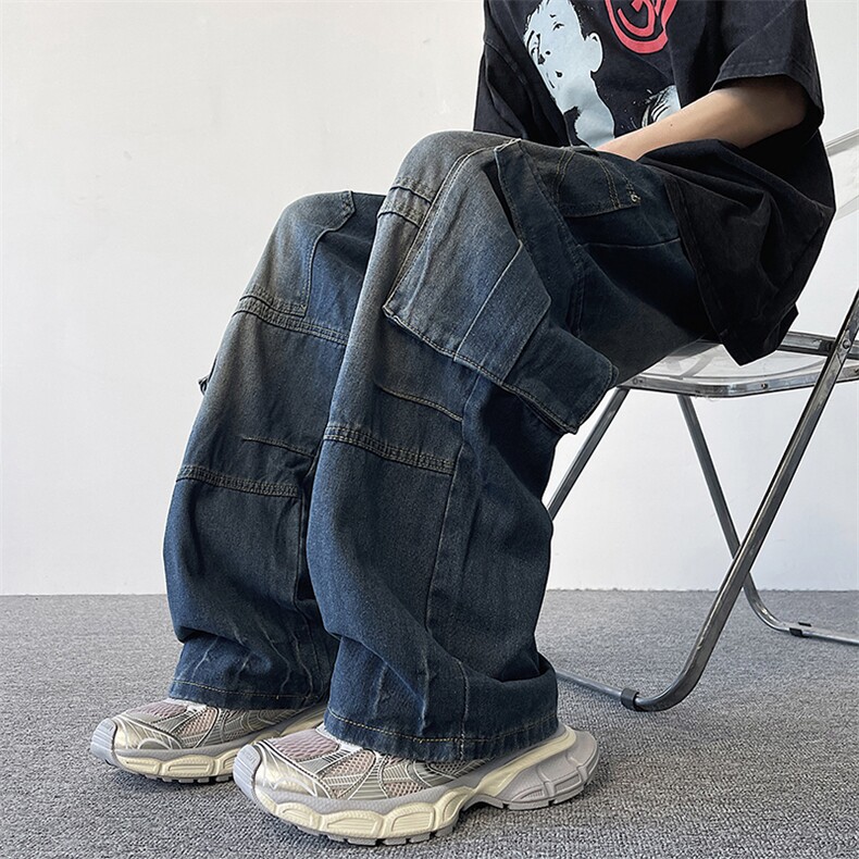 17-2-K24302-P70渐变色高街宽松阔腿牛仔裤男工装休闲裤图片