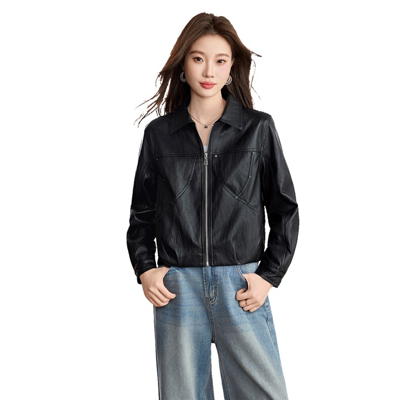 现货BAO款海宁皮衣外套女款2026新款短款春秋高级感小个子皮夹克,女装皮衣,潮流依族