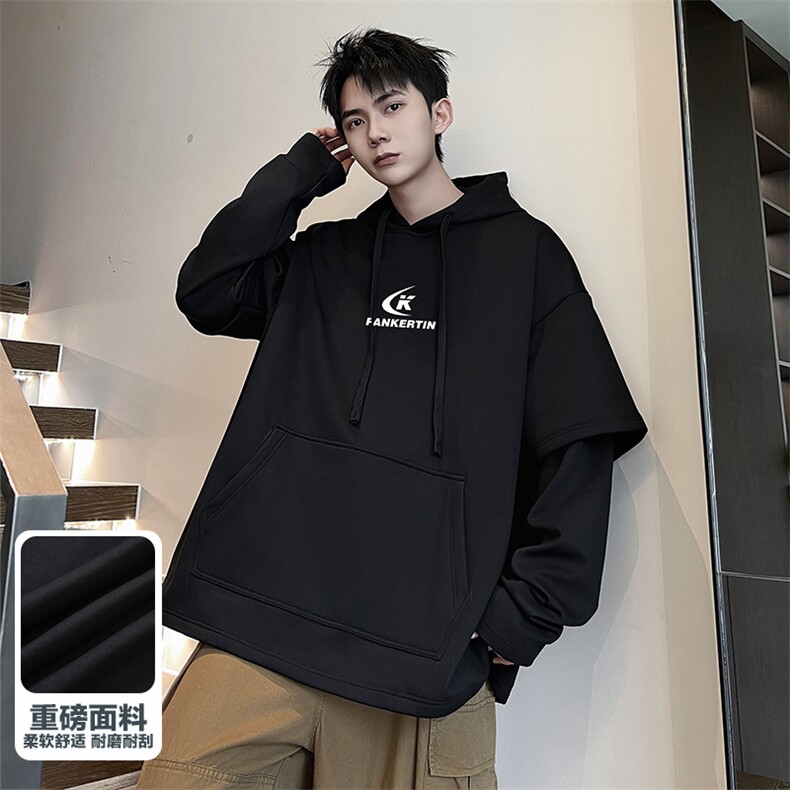 W866-P63 M-6XL秋季美式重磅酷丝棉加绒假两件套头连帽卫衣图片