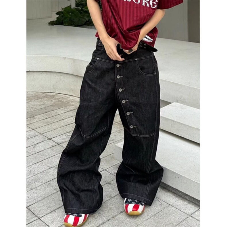 春秋深蓝多扣宽松阔腿裤男女低腰休闲慵懒风直筒牛仔裤NB5147，男装牛仔裤，星座1116A（原606A-3）