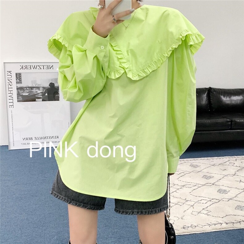 现货。薄料格子西服娃娃领亮色衬衣收腰版型超好七分袖西服，女装，PINK