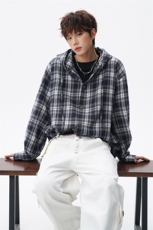 美式复古连帽格子衬衫大码慵懒风高级感长袖衬衣薄外套LC308特P38，男装衬衫，电商B215