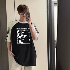 抖音得物品质二开240克宽松纯棉美式潮牌插肩三杠织带短袖T恤，男装T恤，电商A486