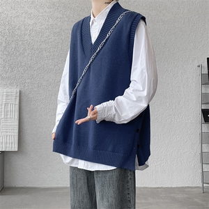 针织V领毛衣背心侧边下摆开叉马甲男叠穿外套日系慵懒坎肩9099P58图片
