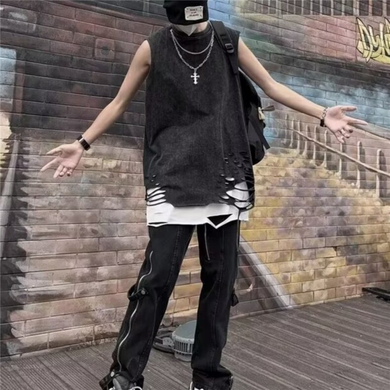 背心男士夏季潮牌痞帅水洗做旧痞帅健身运动坎肩T05-P36,男装背心/马甲,星座1109-3
