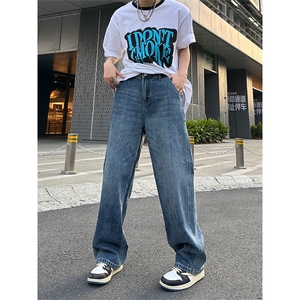 美式高街vibe风直筒长裤欧美痞帅男hiphop复古水洗拼接工装牛仔裤图片