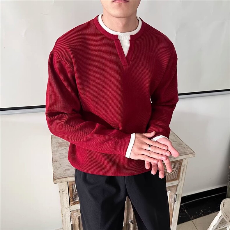 假两件V领针织衫男生冬季圣诞穿搭毛衣本命年红色外套MYD102,男装针织衫/毛衣,星座516A