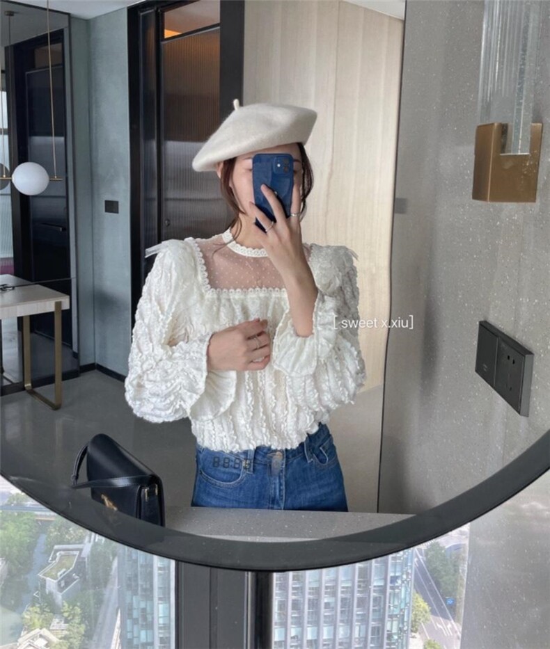 波浪花边蕾丝拼网纱上衣，其它，新袖