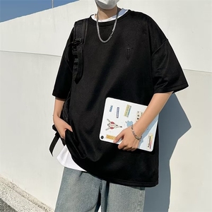 2023春夏季新款男麂皮绒刺绣字母宽松五分袖BE11P30图片
