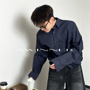 日系复古刺绣格纹廓形长袖衬衫男春秋设计感宽松情侣休闲衬衣外套图片