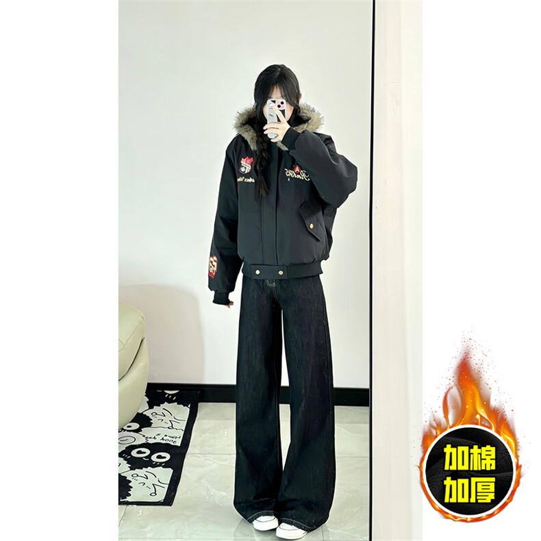 现货高品质美式高街重磅刺绣座山雕大毛毛领棉衣男女加厚棉服外套，男装棉衣，电商A486-1