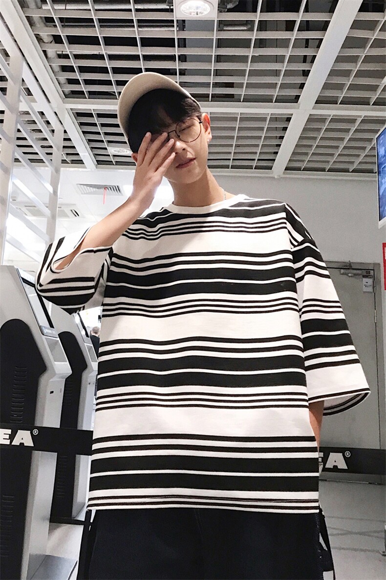 条纹飘带七分袖T恤男夏韩版百搭宽松显瘦休闲上衣404-2-T,男装T恤,星座409(原A307）