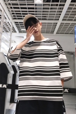 条纹飘带七分袖T恤男夏韩版百搭宽松显瘦休闲上衣404-2-T，男装T恤，星座409(原A307）
