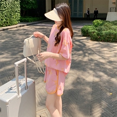潮流时尚休闲运动套装女夏季新款印花圆领短袖上衣阔腿短裤两件套，女装套装/套裙，2C310
