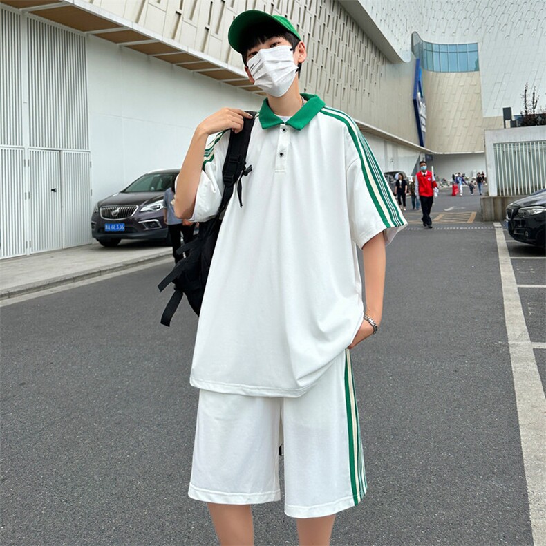 夏季新款现货主推大码港风情侣冰丝宽松日系休闲套装男S19P65图片