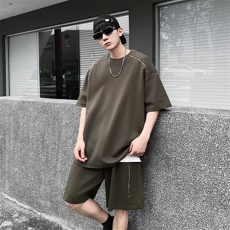 拉链高级感短袖T恤运动短裤两件套男夏季潮牌休闲套装F667,男装牛仔裤,星座1116A-1（原606A）