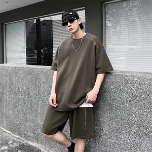 拉链高级感短袖T恤运动短裤两件套男夏季潮牌休闲套装 F667图片
