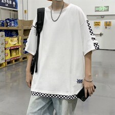 棋盘格拼接短袖T恤男夏季高街小众设计感潮牌半袖上衣T1314-P30，男装T恤，星座512-2