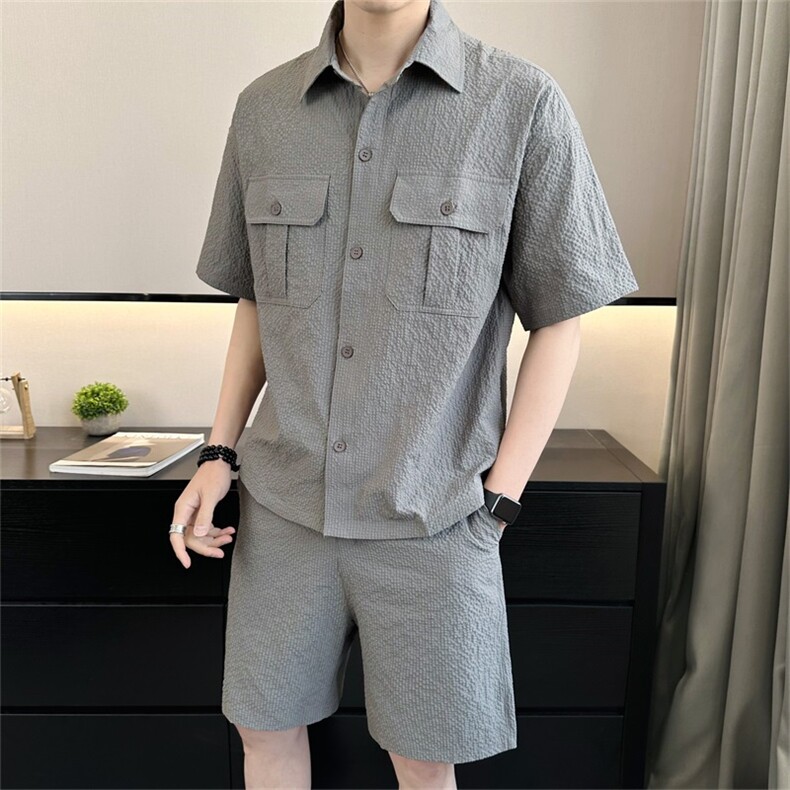 2025夏季冰丝短袖短裤透气褶皱两件套运动休闲套装2716-P95,男装休闲套装,电商A413