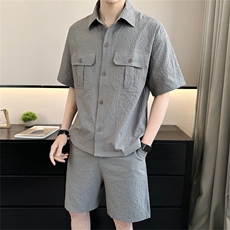2025夏季冰丝短袖短裤透气褶皱两件套运动休闲套装2716-P95，男装休闲套装，电商A413